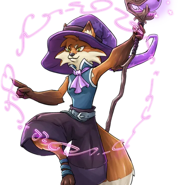 Ruby, a raposa maga, em pose de conjuração