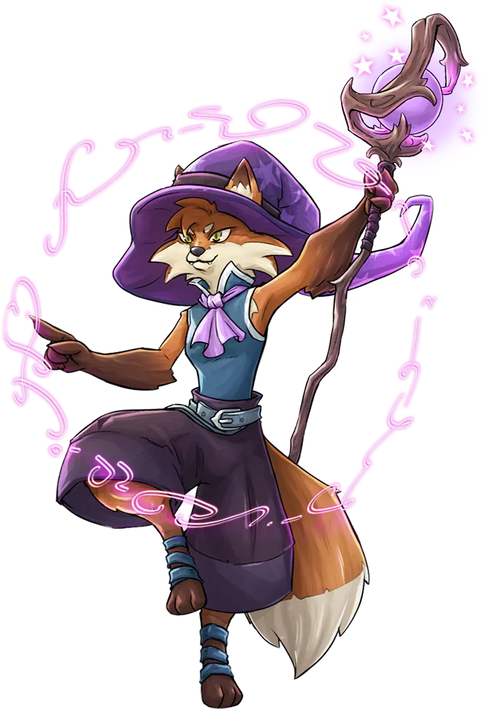 Ruby, a raposa maga, em pose de conjuração