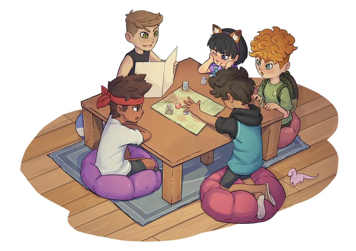 Crianças reunidas à mesa jogando RPG