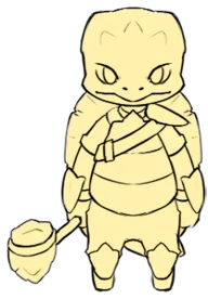 Tiberius, a tartaruga sacerdote, com o martelo no ombro